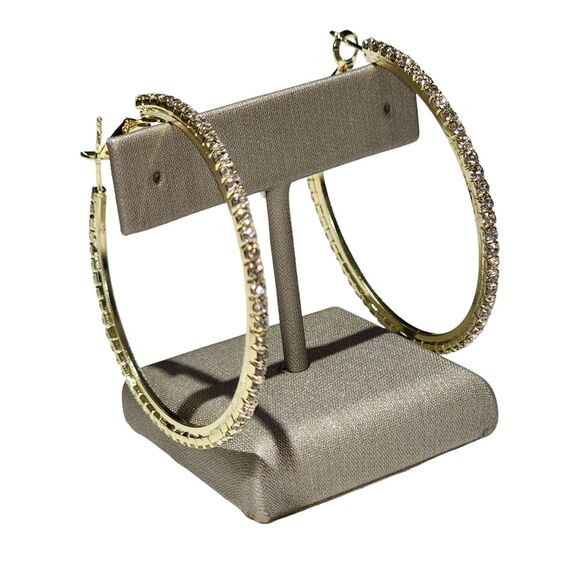 Bohemian Style Gold Plated Round Pave Rhinestone Oversized‎ Hoop Earrings 1.9in - Picture 12 of 16